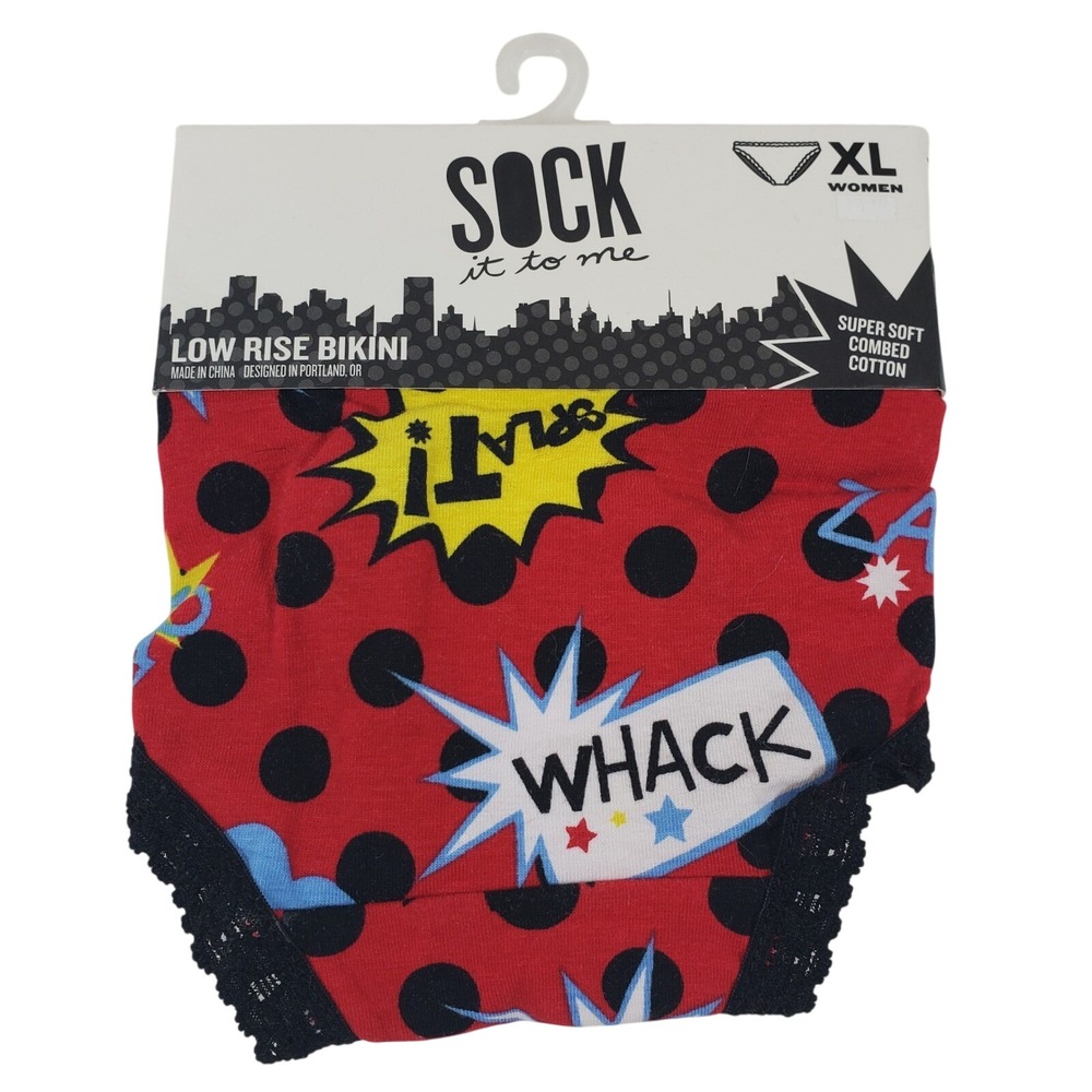 Sock It‎ To Me Womens XL Low Rise Bikini Underwear Comic Book Pop Art Whack Red